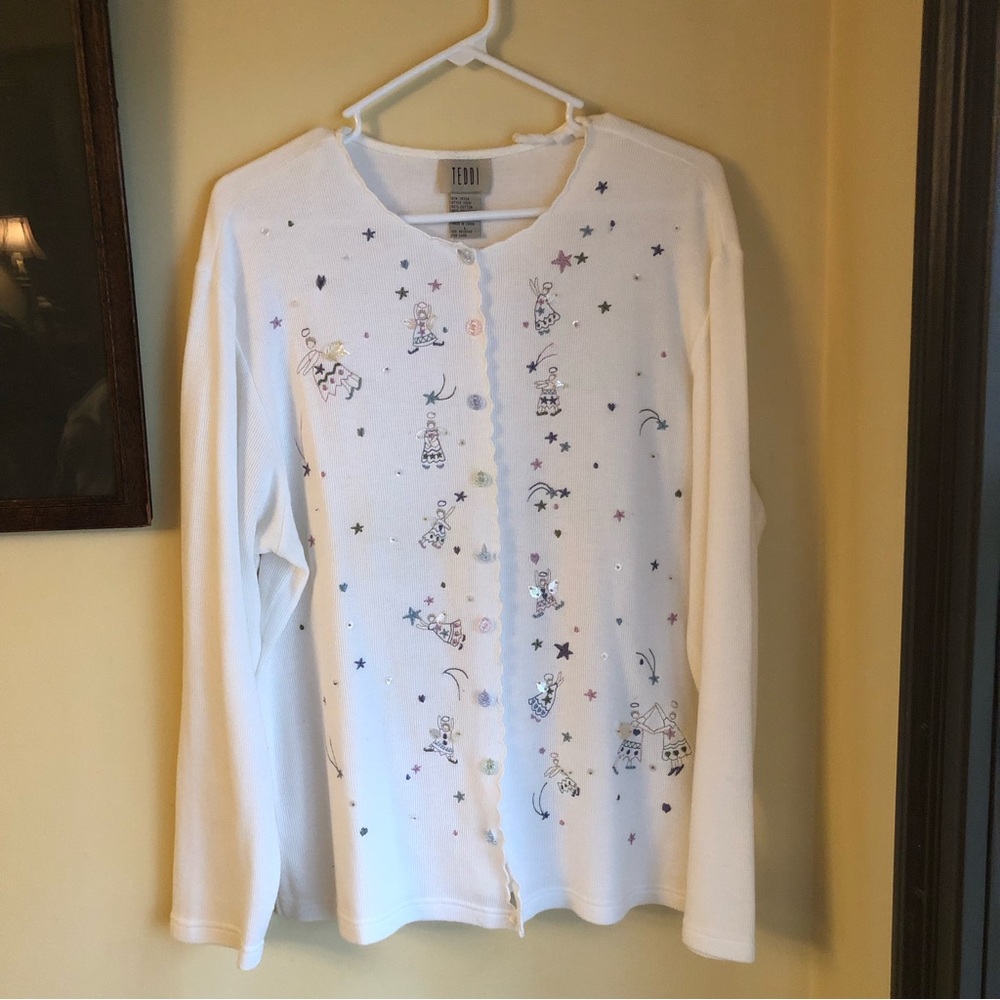 Vintage 90s retro TEDDI brand button up cardigan angels sequins scalloped